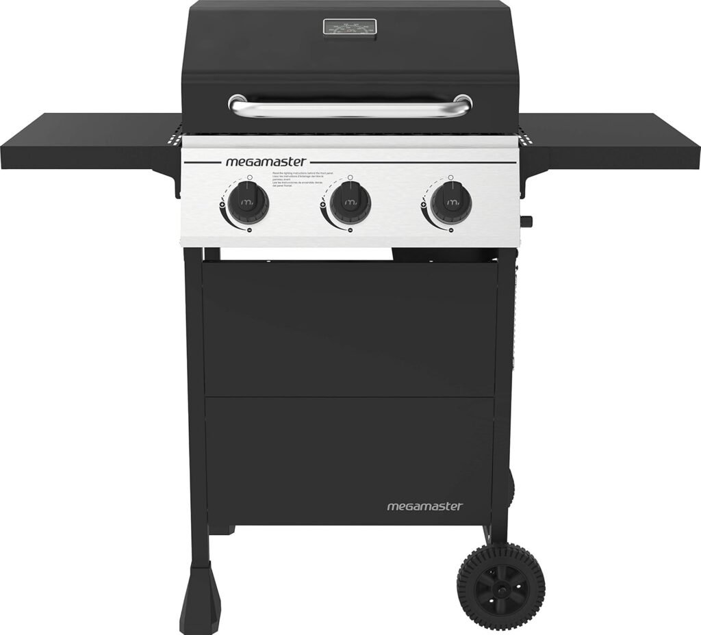 3-Burner Propane Gas Grill with 2 Foldable Side Tables, 30000 BTUs, Perfect for Camping, Outdoor Cooking, Patio and Garden Barbecue Grill, Silver and Black, 720-0988EA…