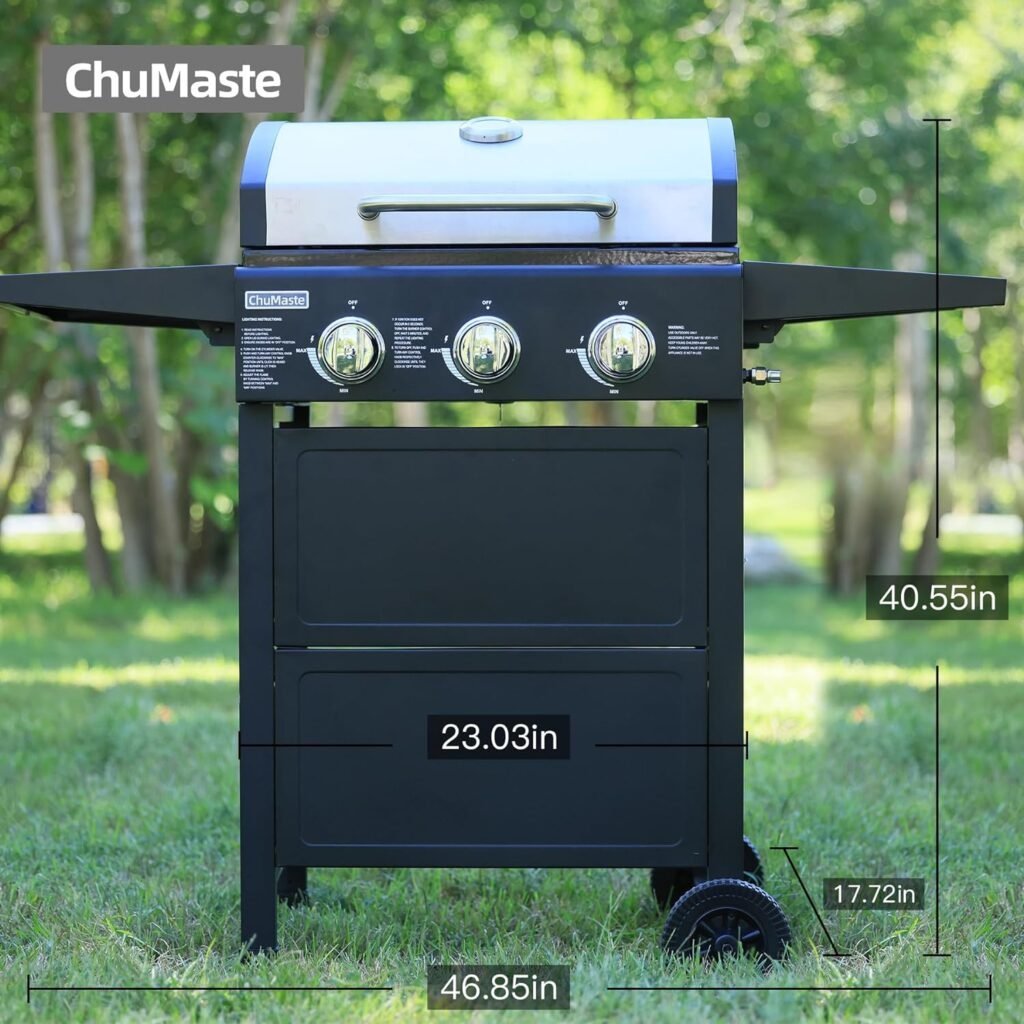 3-Burner Propane Grill, Gas Grill, 30000 BTU barbecue grill with Foldable Rack (Reversible Table)