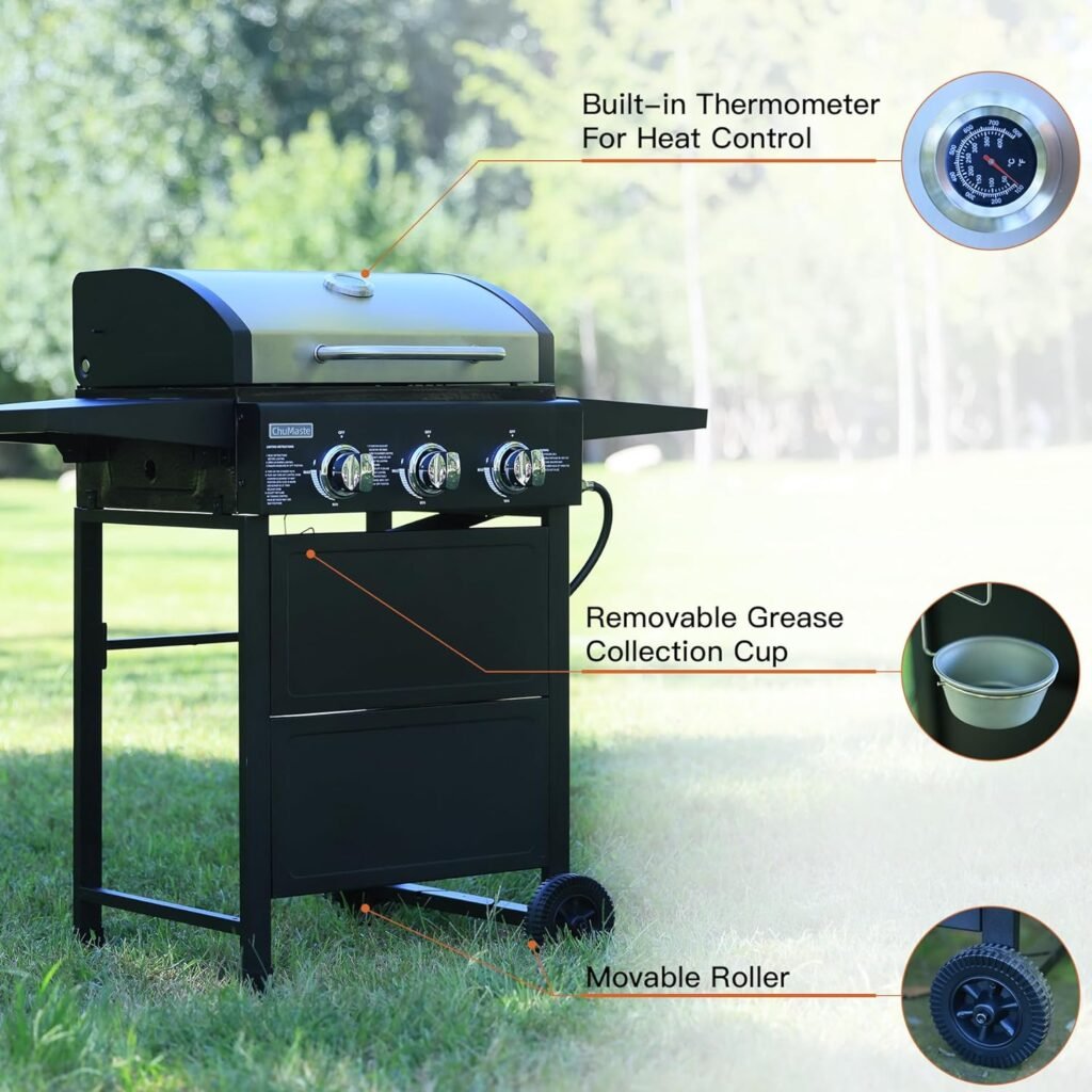 3-Burner Propane Grill, Gas Grill, 30000 BTU barbecue grill with Foldable Rack (Reversible Table)