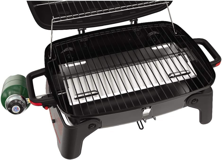 820-0065C 1 Burner Portable Gas Grill for Camping, Outdoor Cooking , Outdoor Kitchen, Patio, Garden, Barbecue with Two Foldable legs, Red + Black