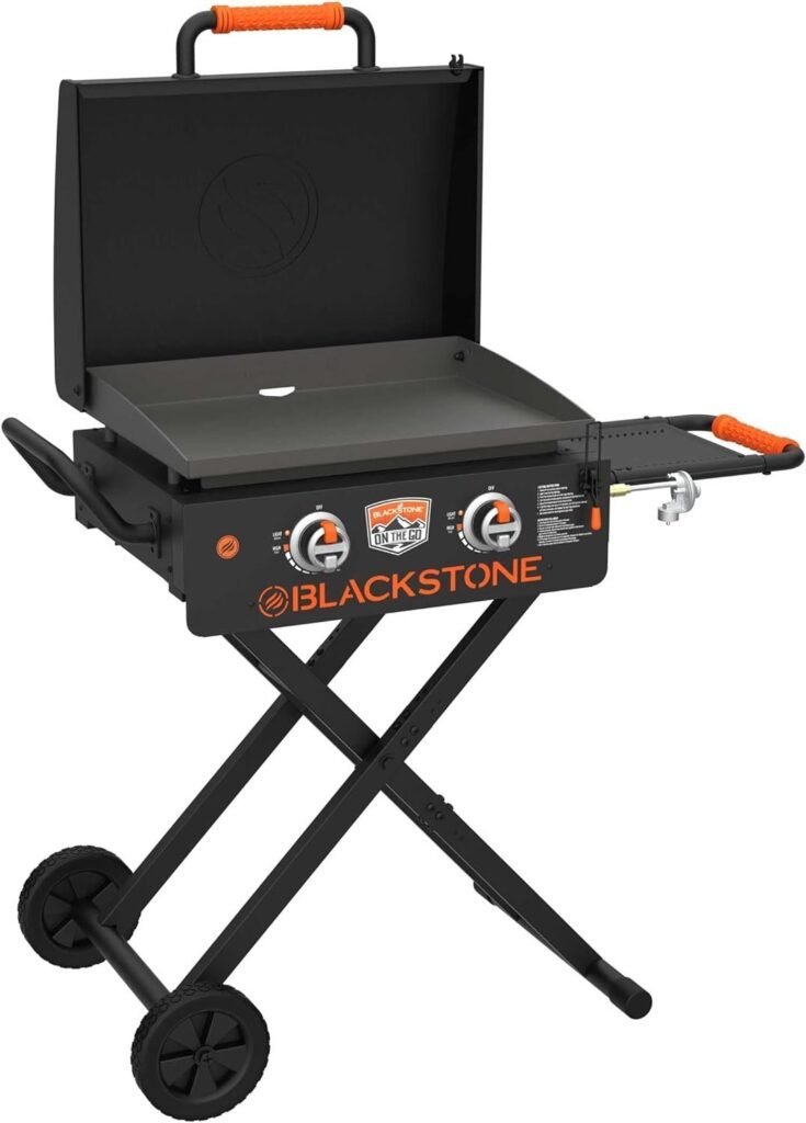 Blackstone 1935 On The Go Scissor-Leg Two Burners Gas Hood, Wheels, Side Shelf Heavy Duty Outdoor Stainless Steel Griddle for Backyard, Patio Camping, 22, Black