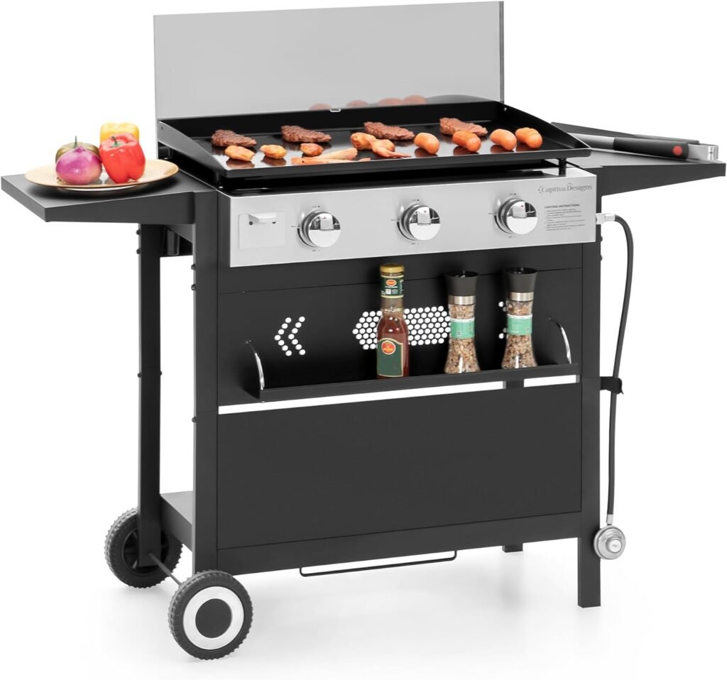 Captiva Designs 27 in Flat Top Grill with Ceramic Coated Cast Iron Pan, 3-Burner Propane Gas Griddle Grill, 33,000 BTU Output Flattop Grill for Outdoor Barbecue, Cooking and Party