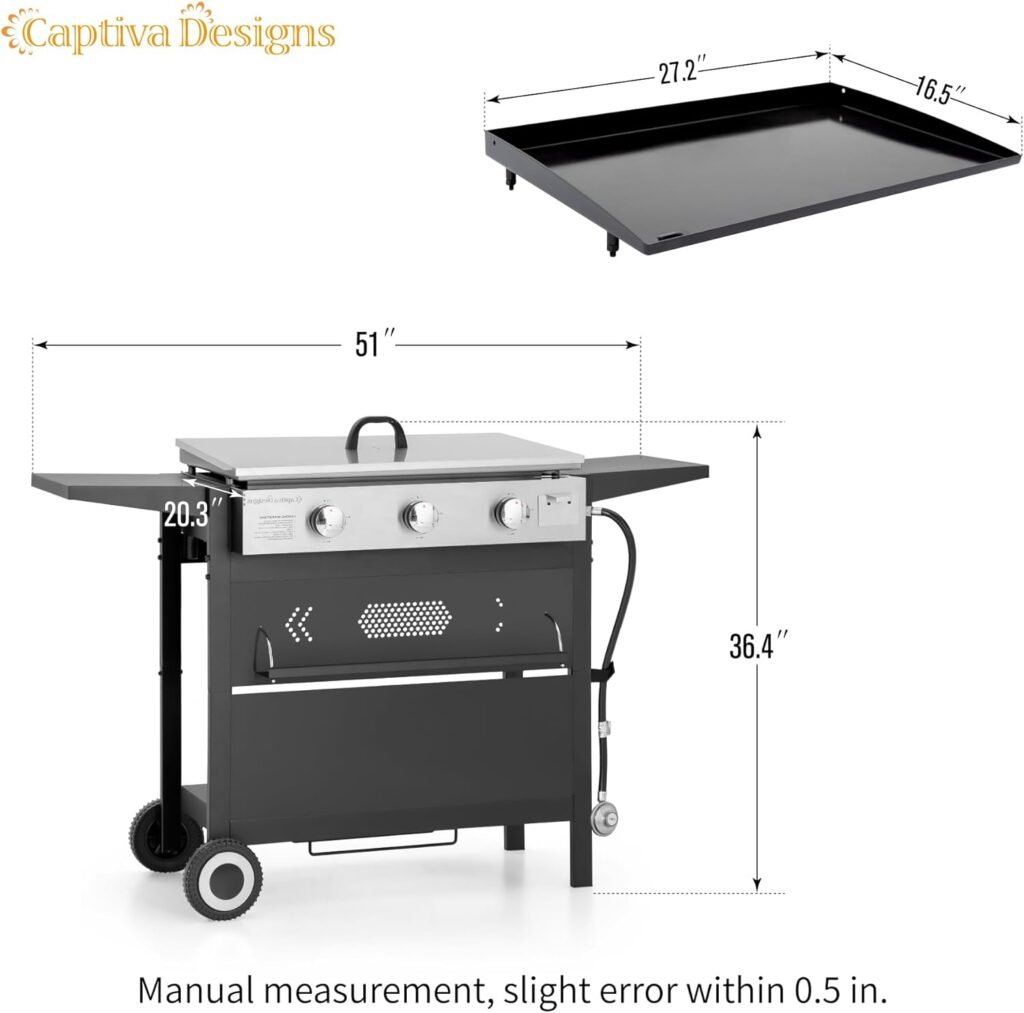 Captiva Designs 27 in Flat Top Grill with Ceramic Coated Cast Iron Pan, 3-Burner Propane Gas Griddle Grill, 33,000 BTU Output Flattop Grill for Outdoor Barbecue, Cooking and Party