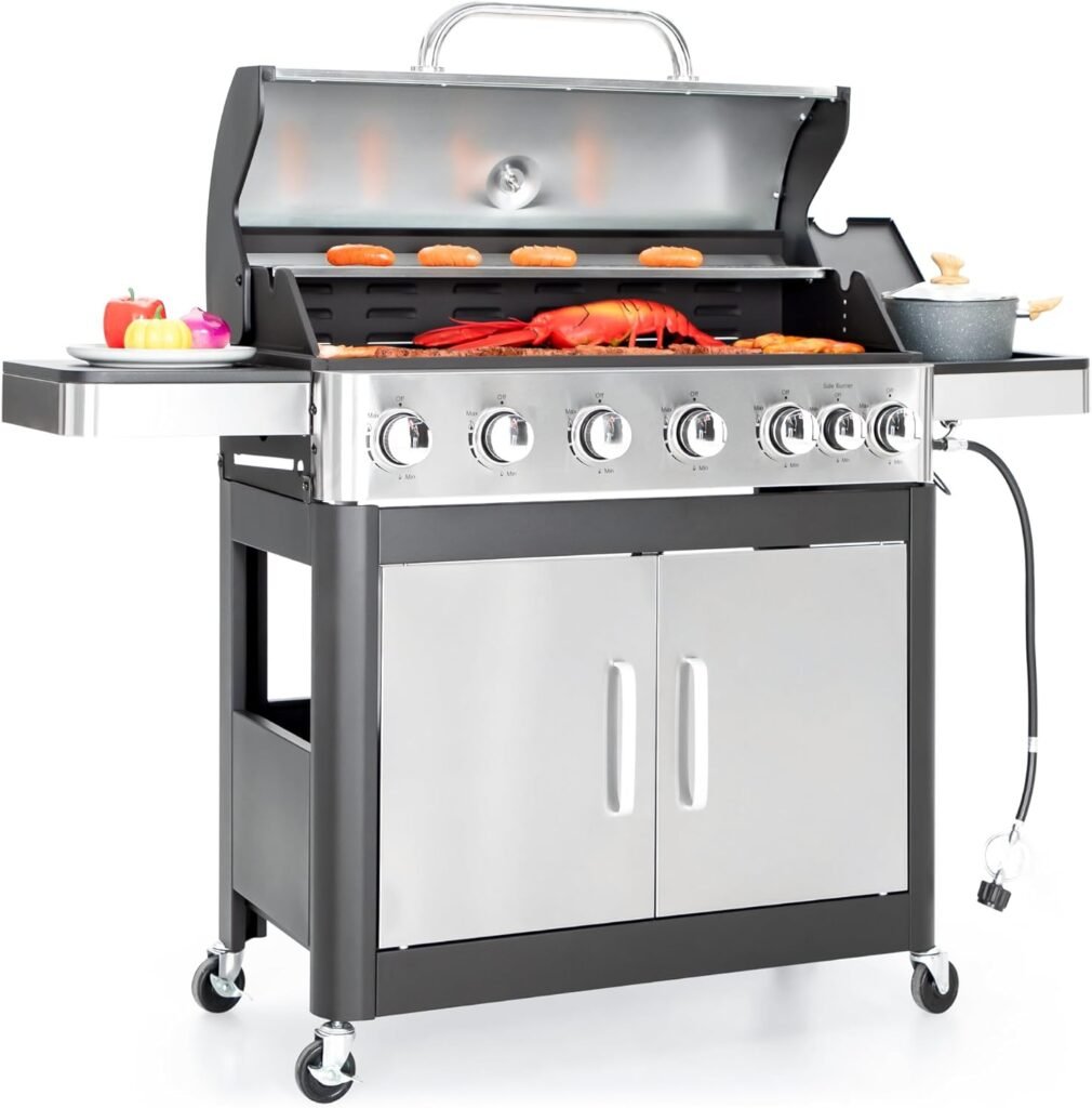 Captiva Designs 6-Burner Propane Gas BBQ Grill with Side Burner  Porcelain-Enameled Cast Iron Grate for Outdoor Kitchen  Backyard Barbecue, 65,800 BTU Output,665 SQ.IN. Cooking Area,Stainless Steel