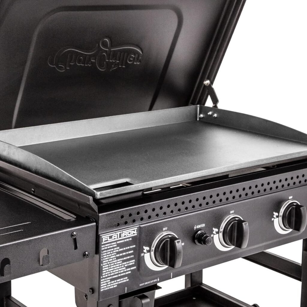 Char-Griller® Flat Iron 3-Burner Propane Gas Flat-Top Griddle with Steel Griddle Top, Hinged Lid and Wind Guards, 520 Cooking Square Inches in Black, Model 8428