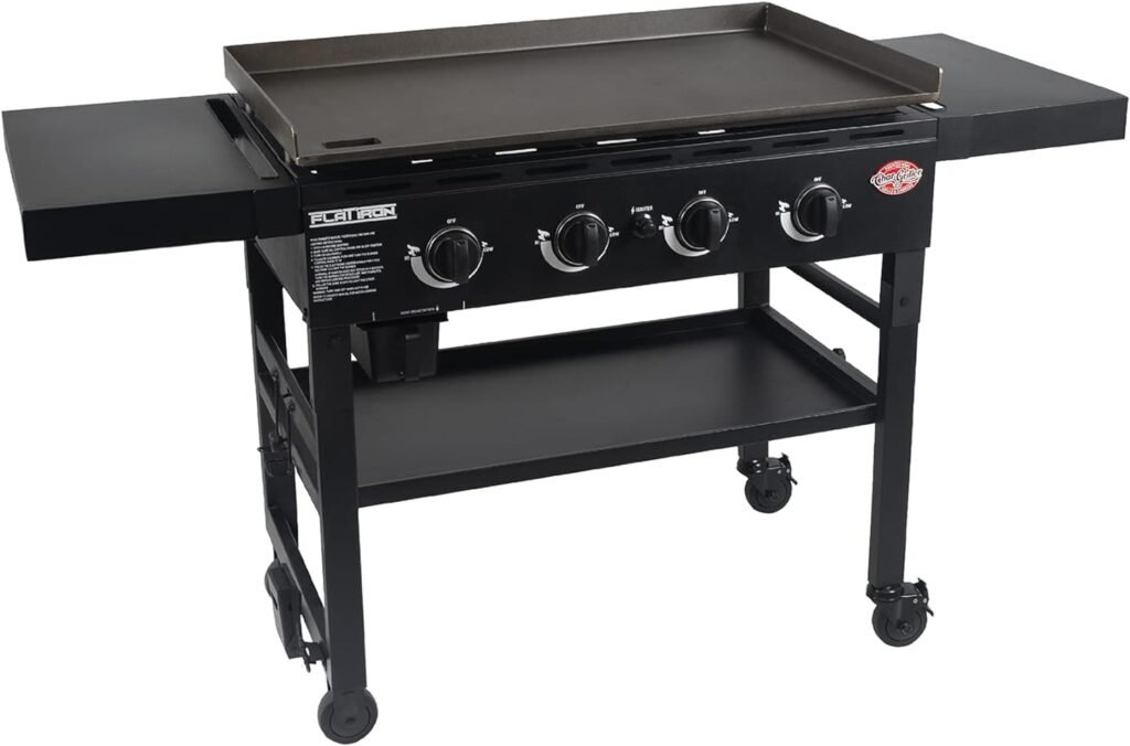 Char-Griller® Flat Iron 4-Burner Propane Gas Flat-Top Griddle with Steel Griddle Top, Wind Guards and Removable Lid, 775 Cooking Square Inches in Black, Model 8036