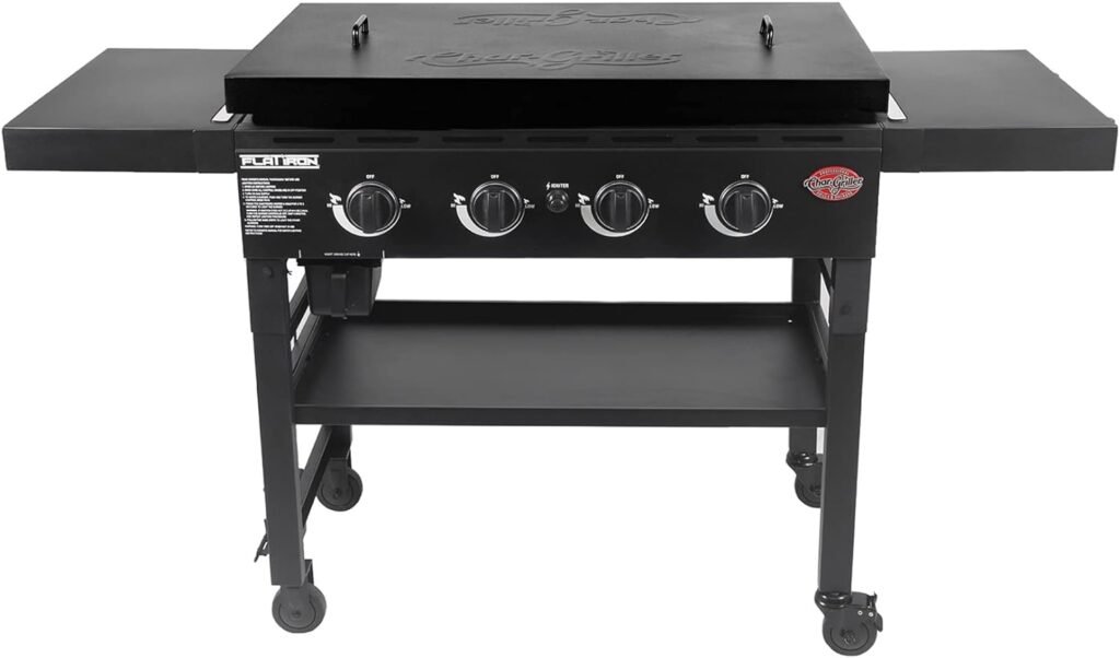 Char-Griller® Flat Iron 4-Burner Propane Gas Flat-Top Griddle with Steel Griddle Top, Wind Guards and Removable Lid, 775 Cooking Square Inches in Black, Model 8036