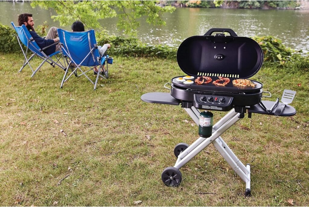 Coleman RoadTrip 285 Portable Stand-Up Propane Grill, Gas Grill with 3 Adjustable Burners  Instastart Push-Button Ignition; Great for Camping, Tailgating, BBQ, Parties, Backyard, Patio  More