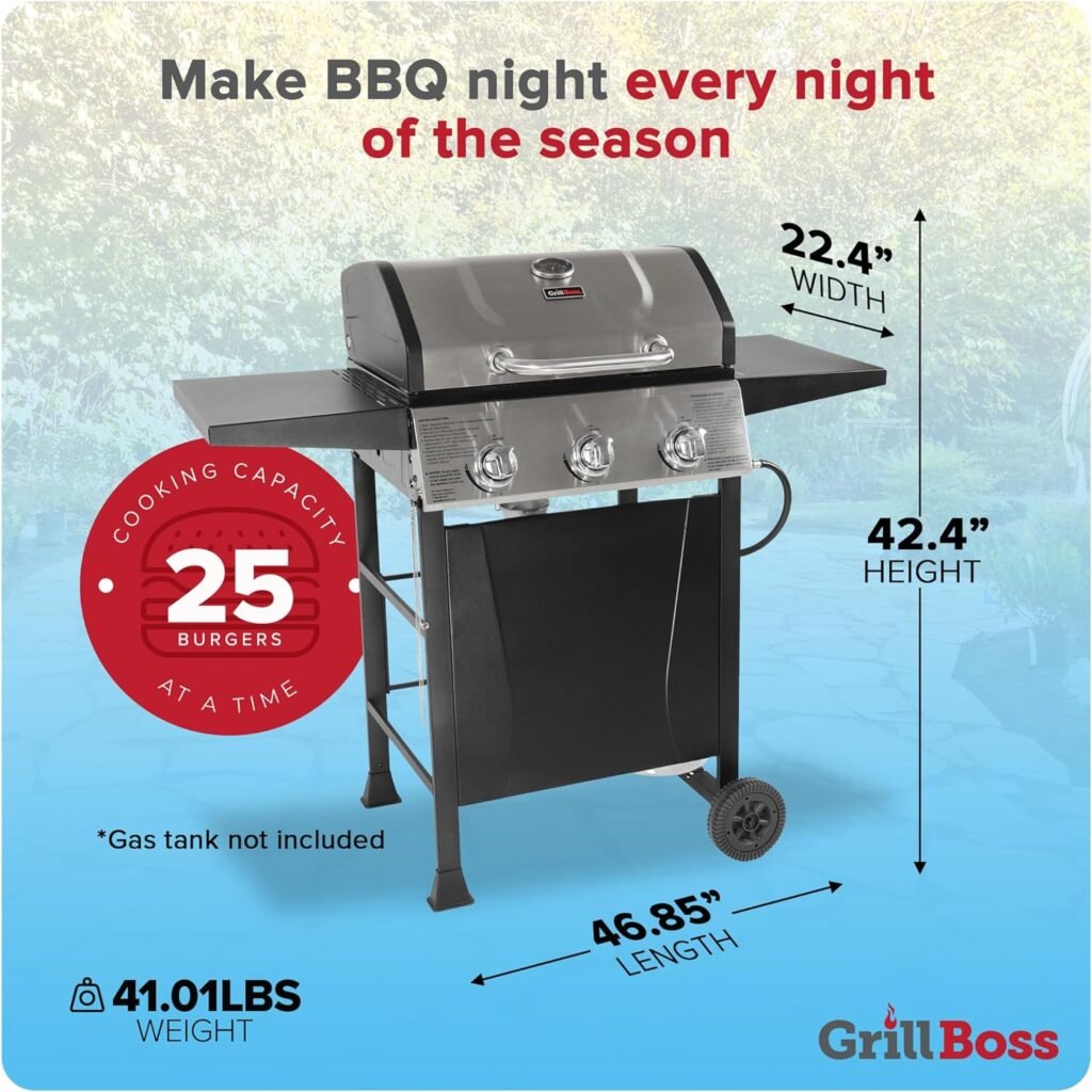 Grill Boss Outdoor BBQ Propane Gas Grill for Barbecue Cooking with Side Burner, Lid, Wheels, Shelves and Bottle Opener, 3 Burner