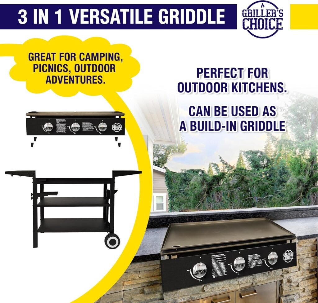 Grillers Choice Outdoor Griddle Grill Propane Gas Flat Top - Hood Included, 4 Shelves, Disposable Grease Cups, 36,000 BTUs, Large Cooking Area, Paper Towel Holder.