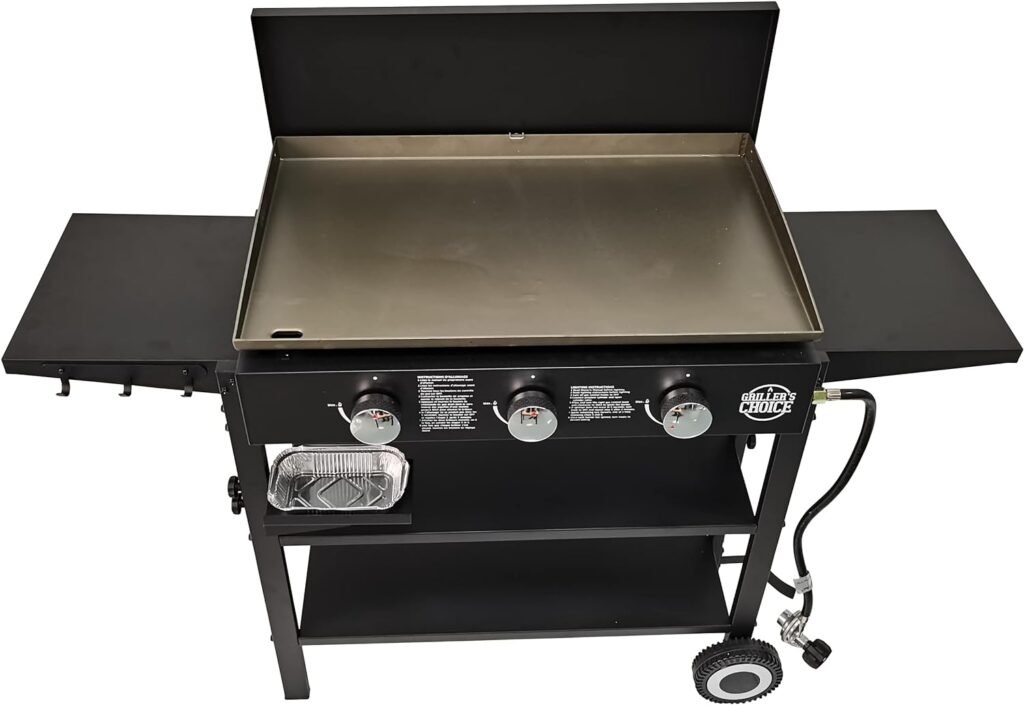 Grillers Choice Outdoor Griddle Grill Propane Gas Flat Top - Hood Included, 4 Shelves, Disposable Grease Cups, 36,000 BTUs, Large Cooking Area, Paper Towel Holder.