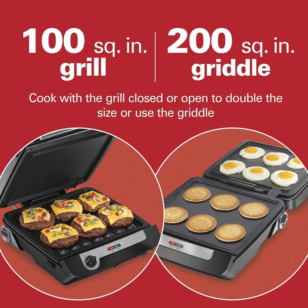 Hamilton Beach 4-in-1 Indoor Grill  Electric Griddle Combo with Bacon Cooker, Opens Flat to Double Cooking Surface, Removable Nonstick Plates, Black  Silver (25601)