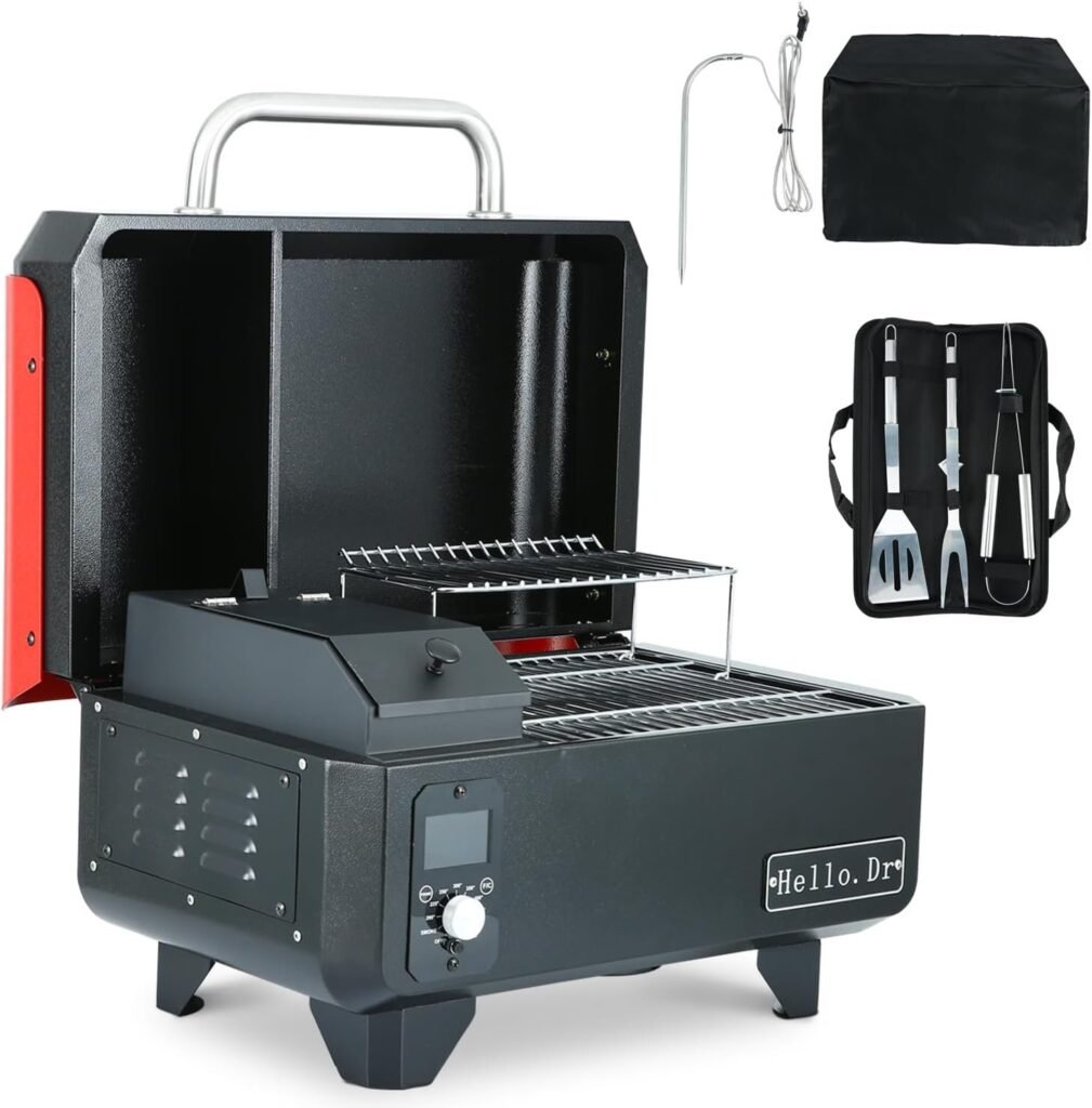 HELLO Dr. Portable Electric Smoker Grill - pellet grill, temperature controlled Portable Smoker with removable ashtray, 8-in-1 grill Smoker, Multifunctional Smoker with 8 features - Enjoy food！