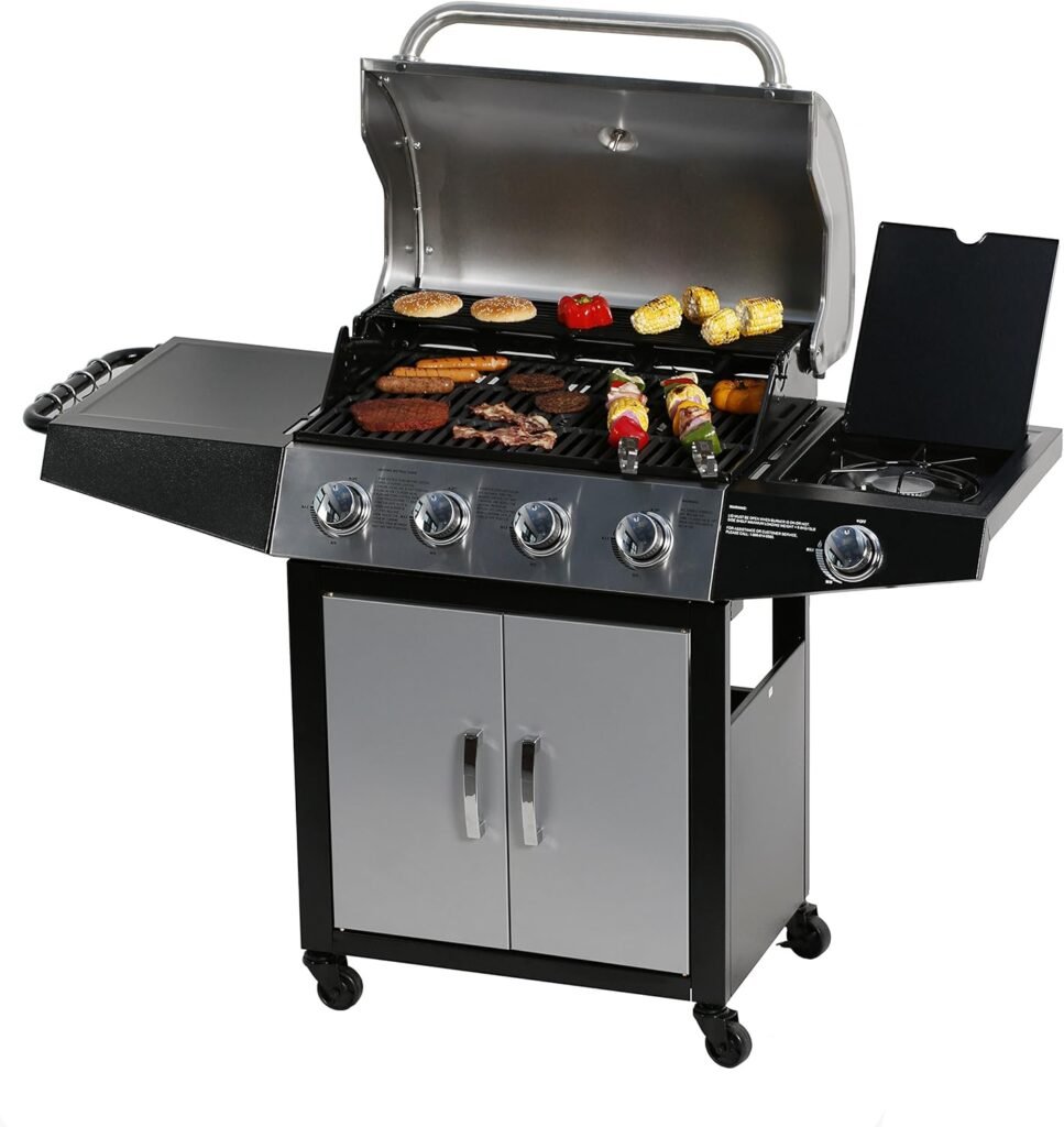 MASTER COOK Gas Grill, BBQ 4-Burner Cabinet Style Grill Propane with Side Burner, Stainless Steel