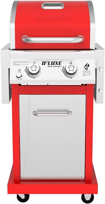 Nexgrill Deluxe 2-Burner Propane Barbecue Gas Grill with Warming Rack, 401 sq. in, 28000 BTUs, Outdoor Cooking, Patio, Barbecue Grill, Foldable Side Table, with Full stainless Steel Control Panel, Red