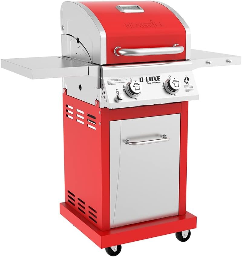 Nexgrill Deluxe 2-Burner Propane Barbecue Gas Grill with Warming Rack, 401 sq. in, 28000 BTUs, Outdoor Cooking, Patio, Barbecue Grill, Foldable Side Table, with Full stainless Steel Control Panel, Red