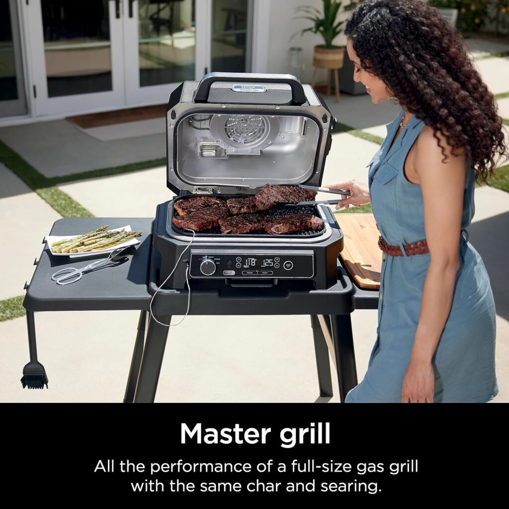 Ninja OG850 Woodfire Pro XL Outdoor Grill  Smoker with Built-In Thermometer, 4-in-1 Master Grill, BBQ Smoker, Outdoor Air Fryer, Bake, Portable, Electric, Dark Gray