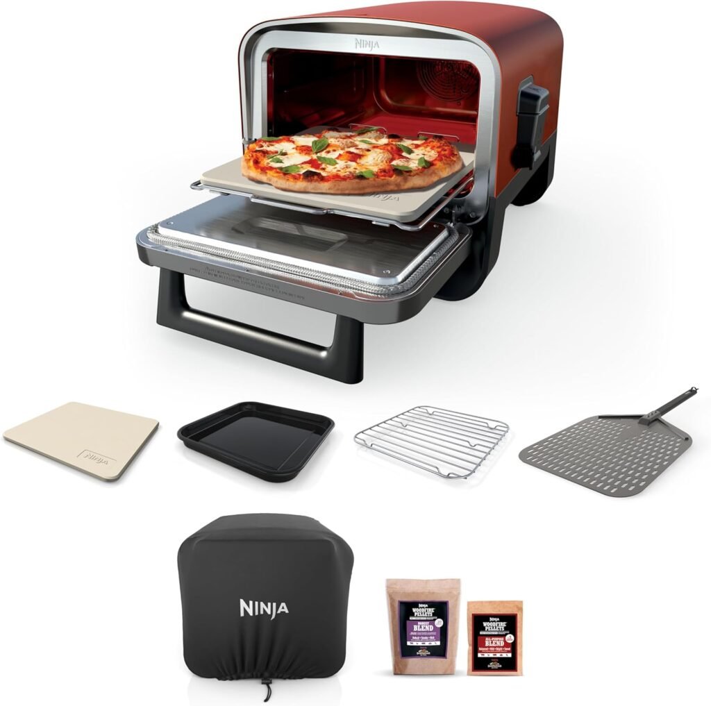 Ninja OO101 Woodfire 8-in-1 Outdoor Oven, Pizza Oven, 700°F, BBQ Smoker, Portable, Electric, Terracotta Red with XSKOPPL Pizza Peel+XSKOCVR Cover + XSKOP2R Woodfire Pellets