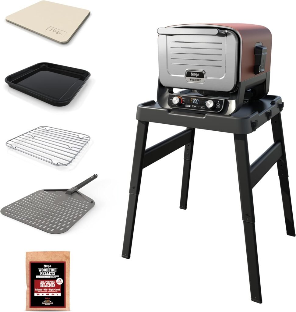 Ninja OO101 Woodfire 8-in-1 Outdoor Oven, Pizza Oven, 700°F, BBQ Smoker, Portable, Electric, Terracotta Red with XSKOPPL Pizza Peel+XSKOCVR Cover + XSKOP2R Woodfire Pellets