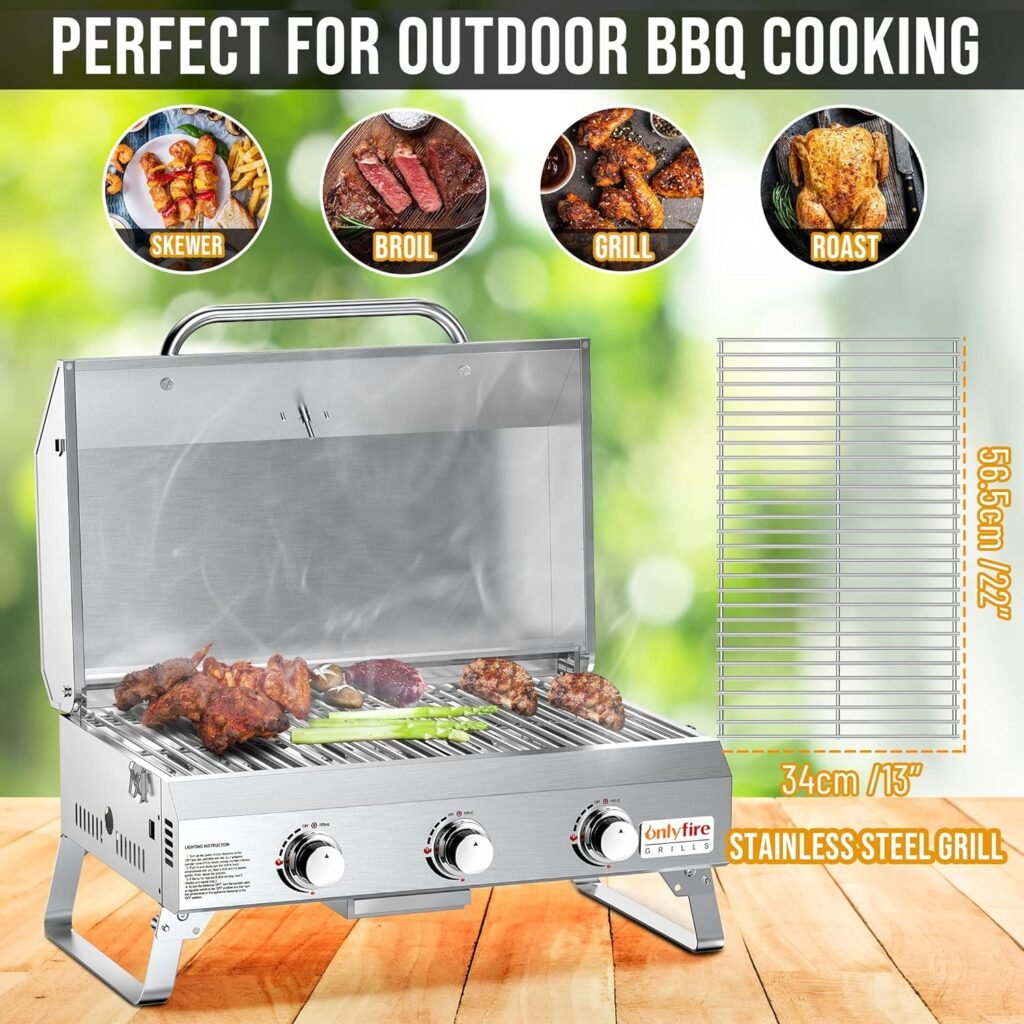 Onlyfire Tabletop Gas Grill 3 Burners, 24 Stainless Steel Portable Propane Grill with Foldable Legs for Outdoor Patio Backyard Camping, Tailgating, RV Trip, Heavy Duty  24000BTU, GS307