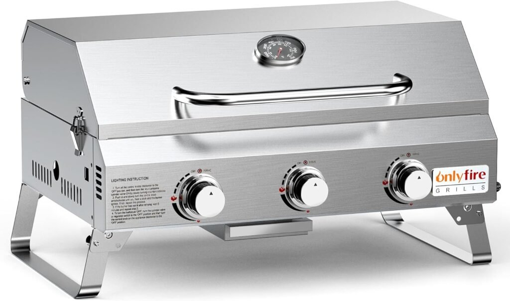 Onlyfire Tabletop Gas Grill 3 Burners, 24 Stainless Steel Portable Propane Grill with Foldable Legs for Outdoor Patio Backyard Camping, Tailgating, RV Trip, Heavy Duty  24000BTU, GS307