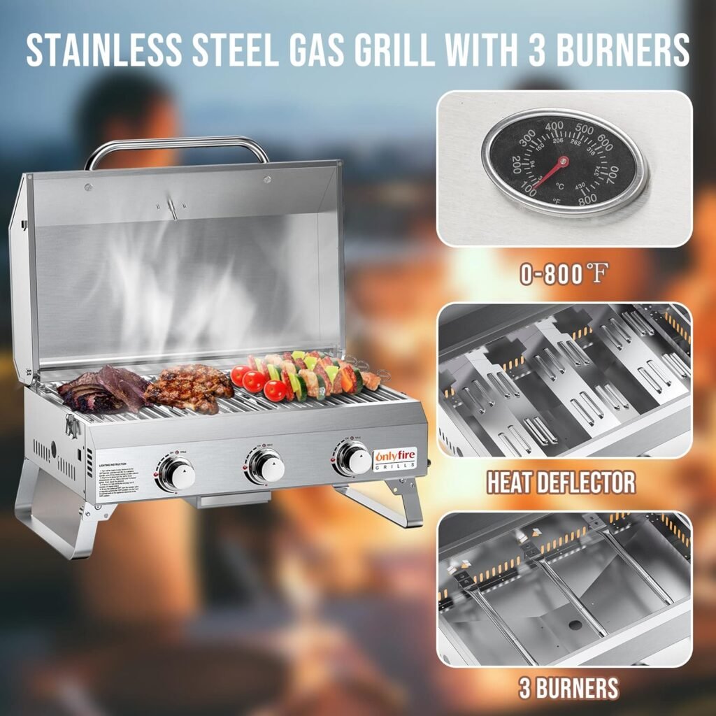 Onlyfire Tabletop Gas Grill 3 Burners, 24 Stainless Steel Portable Propane Grill with Foldable Legs for Outdoor Patio Backyard Camping, Tailgating, RV Trip, Heavy Duty  24000BTU, GS307