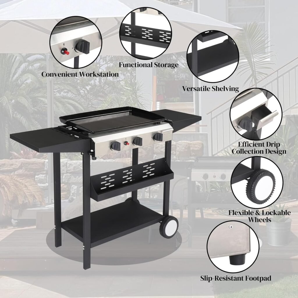 Outvita 3 Burner Gas Griddle, 23.3 Outdoor Propane Griddle, 30,000 BTU, Portable Flat Top Gas Grill Camping Griddle Station with Side Shelves for Outside BBQ Camping