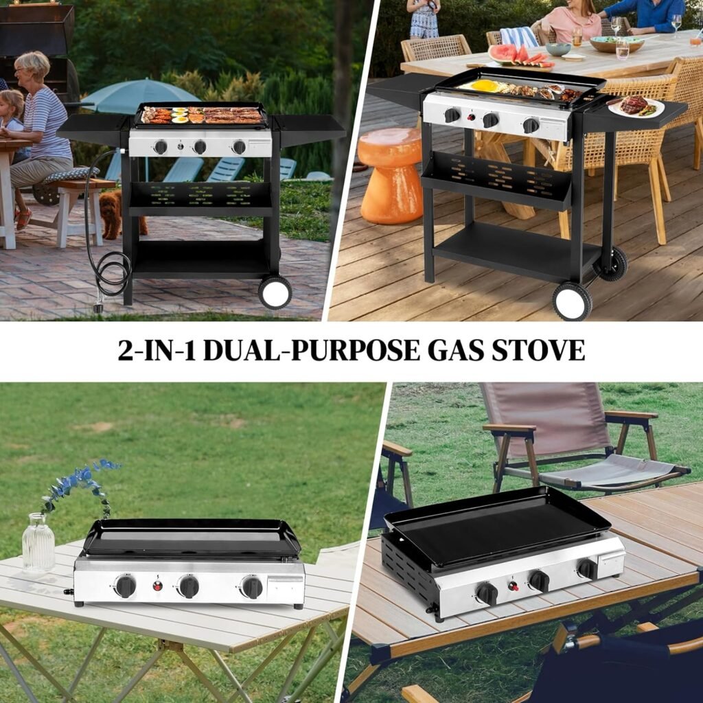 Outvita 3 Burner Gas Griddle, 23.3 Outdoor Propane Griddle, 30,000 BTU, Portable Flat Top Gas Grill Camping Griddle Station with Side Shelves for Outside BBQ Camping