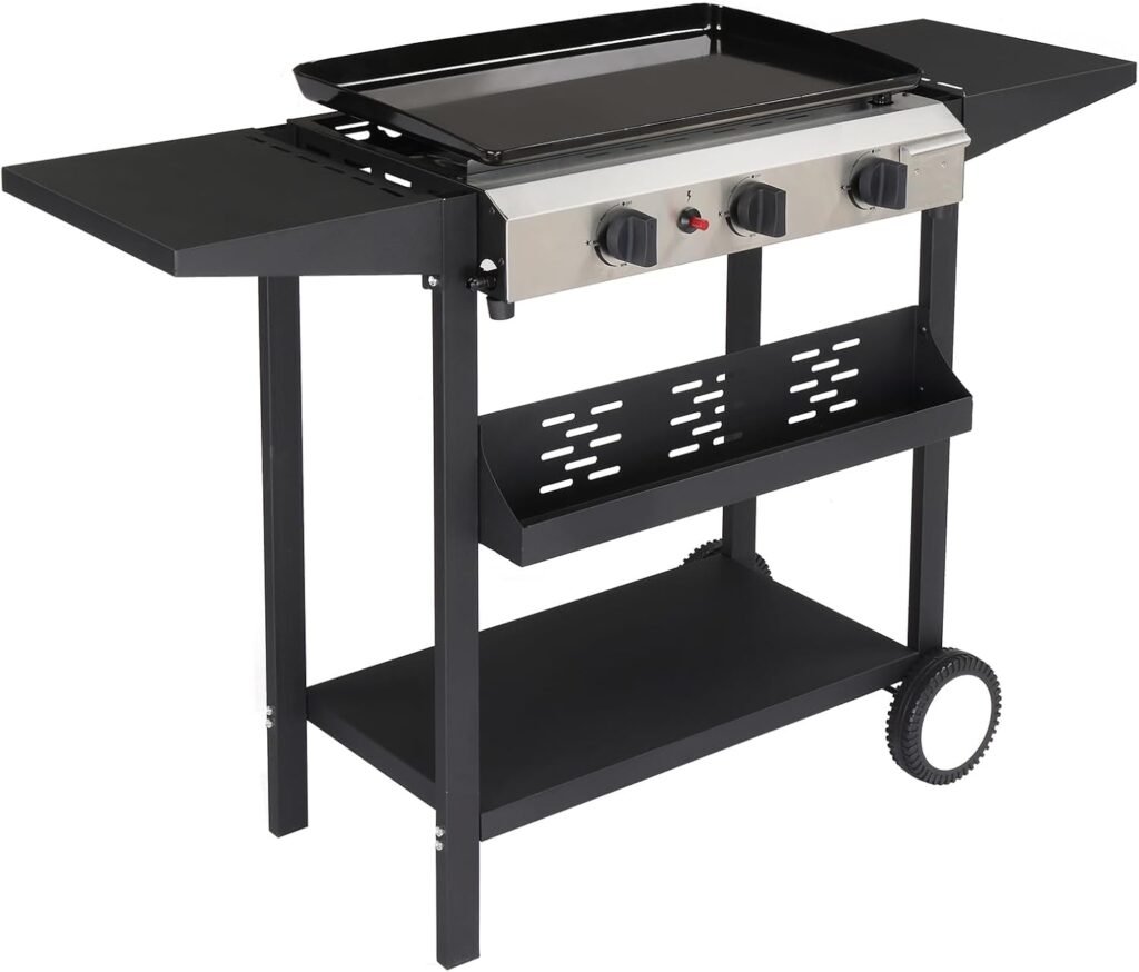Outvita 3 Burner Gas Griddle, 23.3 Outdoor Propane Griddle, 30,000 BTU, Portable Flat Top Gas Grill Camping Griddle Station with Side Shelves for Outside BBQ Camping
