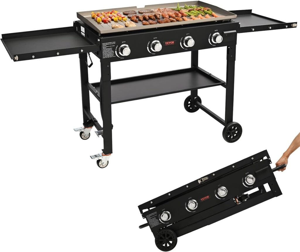 Propane Griddle on Cart, 36 Heavy Duty Manual Flat Top Griddle, Outdoor Cooking Station with Side Shelves, Steel Natural Gas Griddle, 4-Burners Restaurant Portable Grill - 60,000 BTU