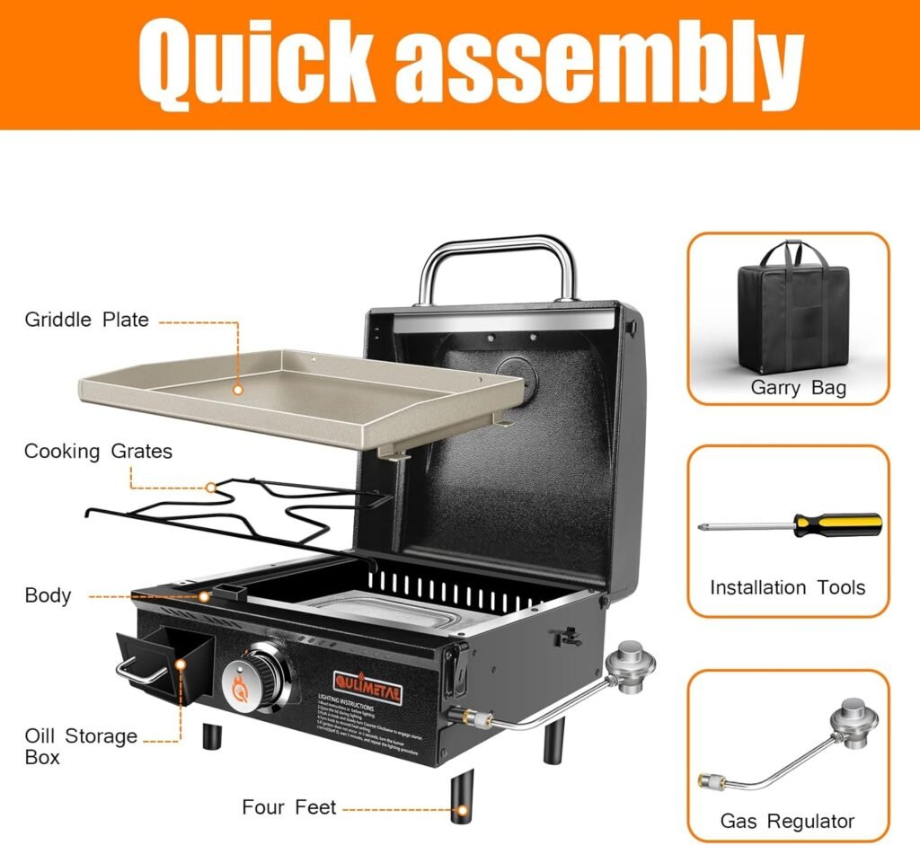 QuliMetal Table Top Grill Portable Griddle with Hood Non-Stick Flat Top Grill Griddle Propane Grill with Carry Bag 22 Inch,24,000 BTU,348 Sq,304 Stainless Steel Burner,Ceramic Coating