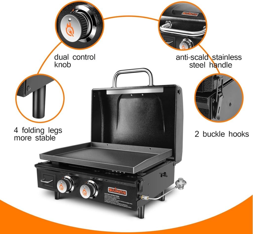 QuliMetal Table Top Grill Portable Griddle with Hood Non-Stick Flat Top Grill Griddle Propane Grill with Carry Bag 22 Inch,24,000 BTU,348 Sq,304 Stainless Steel Burner,Ceramic Coating