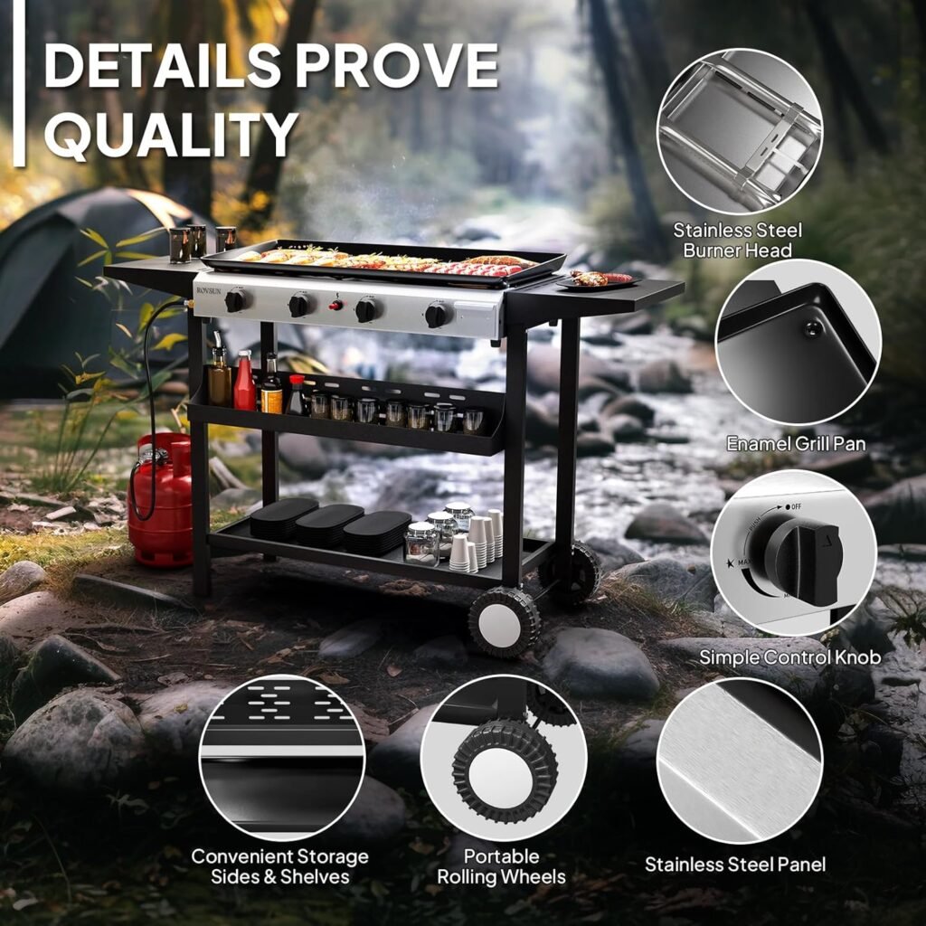 ROVSUN 2 Burner Portable Propane Griddle with Nonstick Enameled Tray, 20000 BTU Rolling Flat Top Gas Grill with Electronic Ignition, Side Shelves  Regulator for Outdoor Cooking Camping BBQ Tailgating