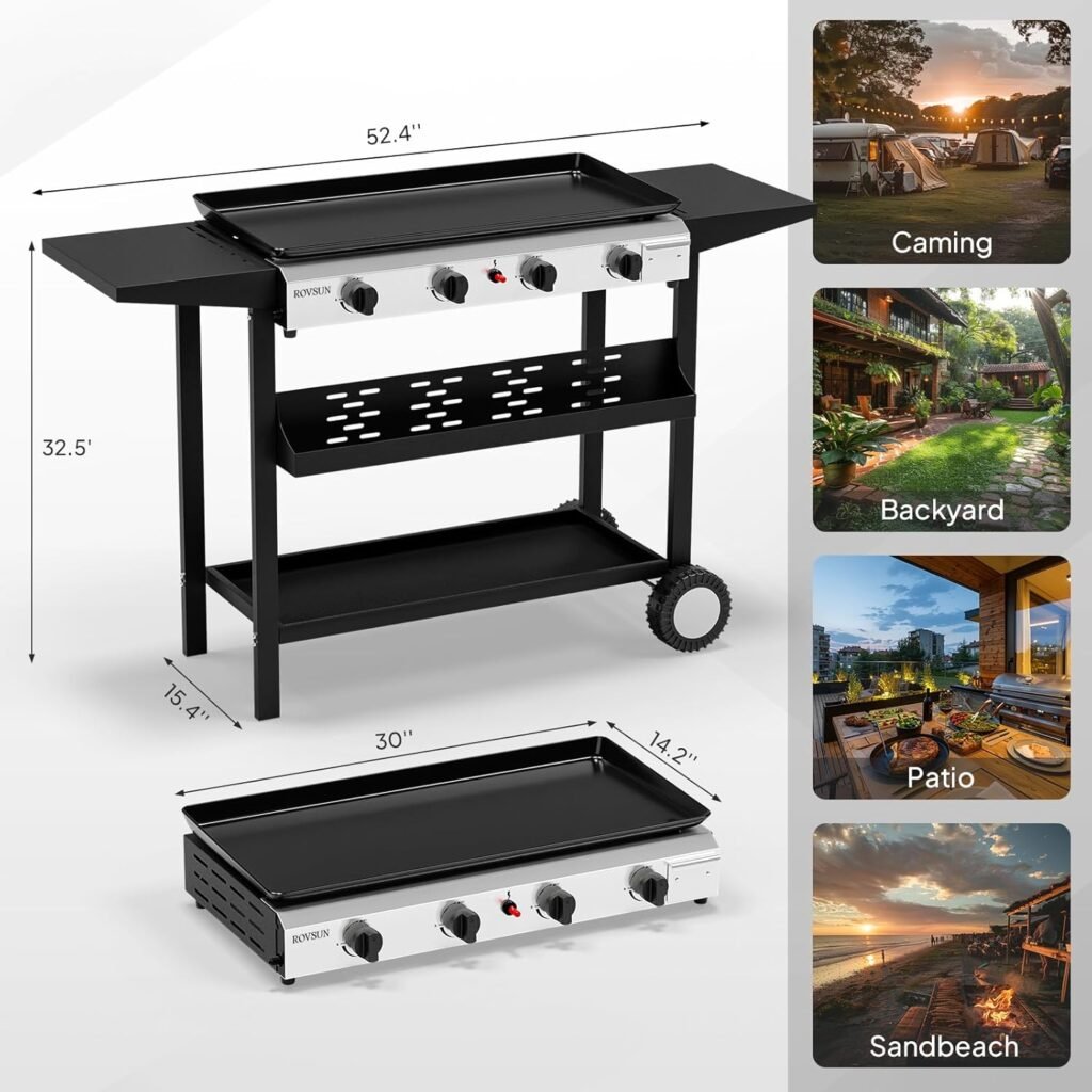 ROVSUN 4 Burner Portable Propane Griddle with Electronic Ignition, 20000 BTU Rolling Flat Top Gas Grill with Nonstick Enameled Tray, Side Shelf  Regulator for Outdoor Cooking Camping BBQ Tailgating