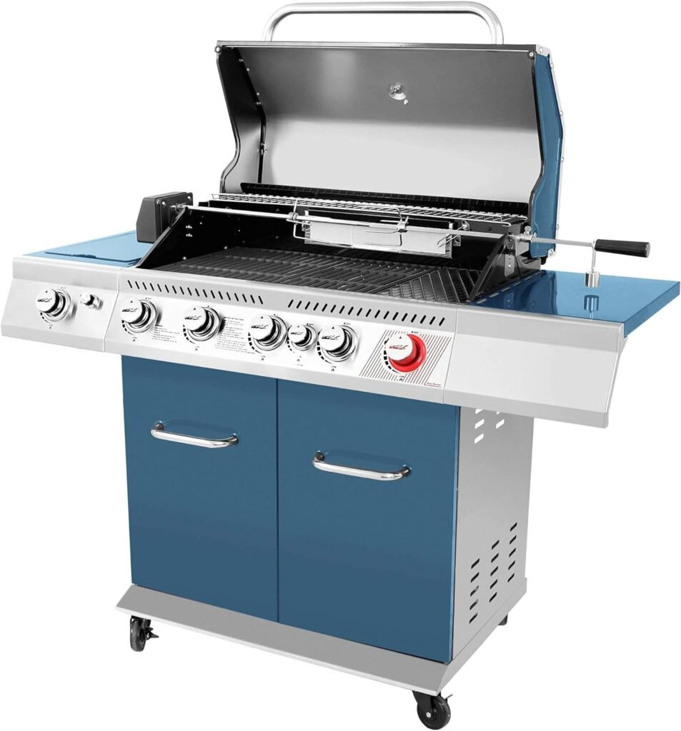 Royal Gourmet GA5403B 5-Burner BBQ Cabinet Style Propane Gas Grill with Rotisserie Kit, Sear Burner, Rear Burner and Side Burner, 74,000 BTU Patio Picnic Backyard, Outdoor Party, Blue