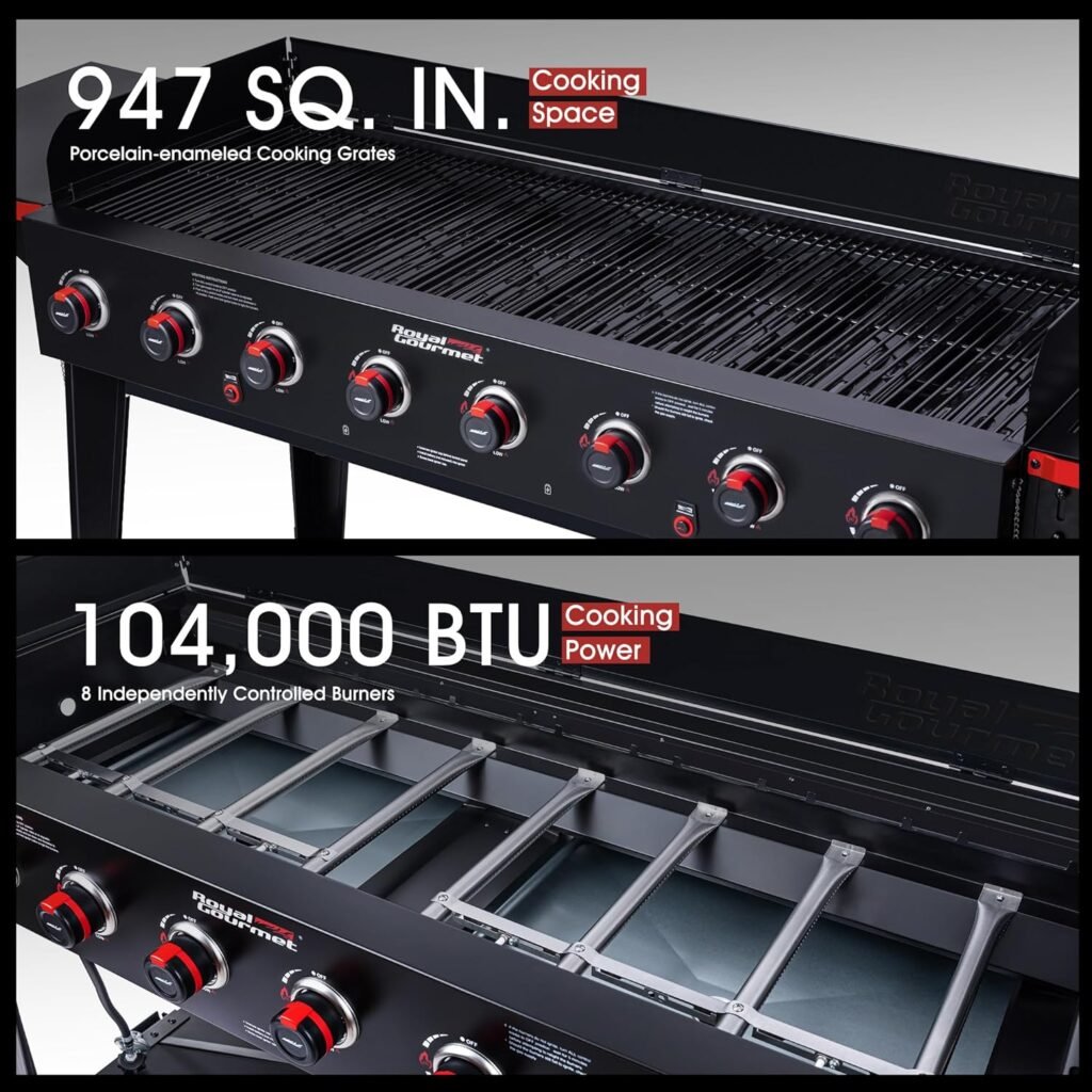 Royal Gourmet GB8003 8-Burner Gas Grill, 104,000 BTU Large Event Propane Grill, Independently Controlled Dual Systems, Outdoor Party or Backyard BBQ Cooking, Black