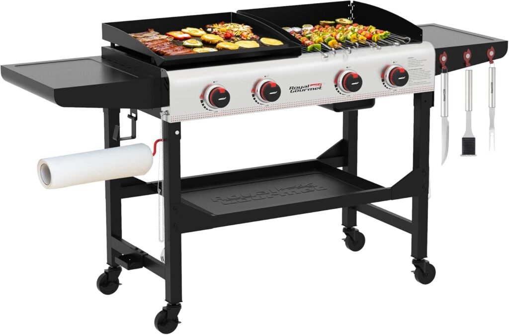 Royal Gourmet GD403 4-Burner Portable Flat Top Gas Grill and Griddle Combo with Folding Legs, 48,000 BTU, for Outdoor Cooking While Camping or Tailgating, Black  Silver