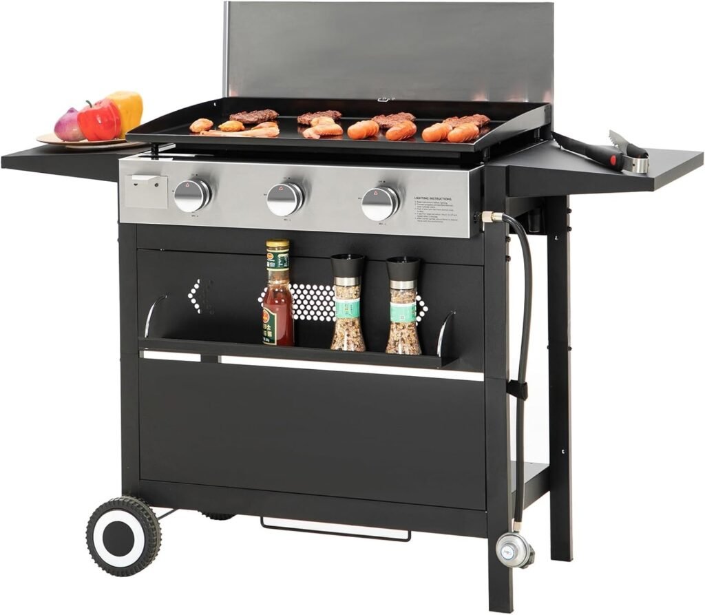 Sophia  William 36-Inch Flat Top Grill with Ceramic Coated Cast Iron Griddle, 3-Burner Propane Gas BBQ Griddle, Portable Outdoor Barbecue Grill,33,000 BTU,Black