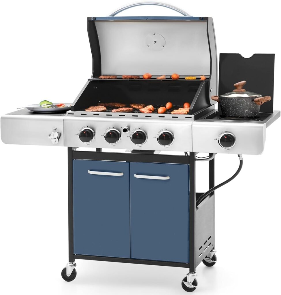 Sophia  William 4-Burner Gas BBQ Grill with Side Burner and Porcelain-Enameled Cast Iron Grates 42,000BTU Outdoor Cooking Stainless Steel Propane Grills Cabinet Style Garden Barbecue Grill, Silver