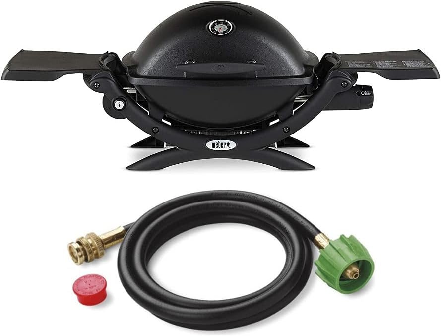 Weber Q 1200 Gas Grill (Black) and Adapter Hose Bundle (2 Items)