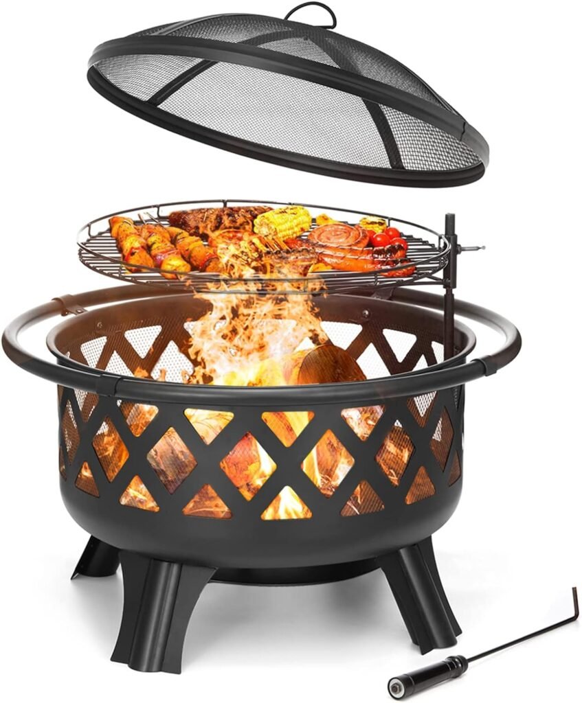 2 in 1 Fire Pit with Cooking Grate 30 Wood Burning Firepit Outdoor Fire Pits Steel Firepit Bowl Outside with Swivel BBQ Grill, Spark Screen, Poker for Backyard Garden Bonfire Patio