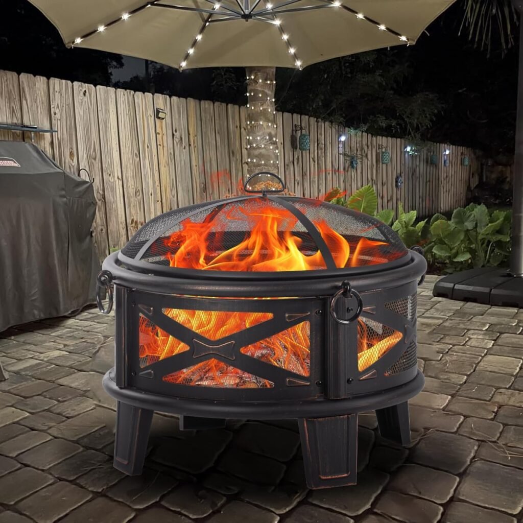 26 Fire Pit with Cooking Grill, Outdoor Wood Burning Firepit with Spark Screen, Metal Round Design for Patio, Bonfire Party