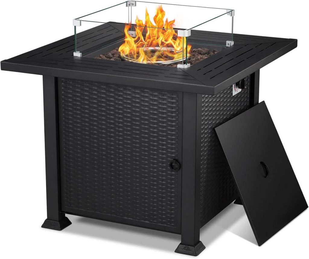 32 Propane Fire Pit Table,50,000 BTU Outdoor Fireplace for Outside Backyard Garden,Imitation Rattan Weave Base,Auto-Ignition,with Lava Rocks,Steel Fire Pit Bowl,Protective Cover