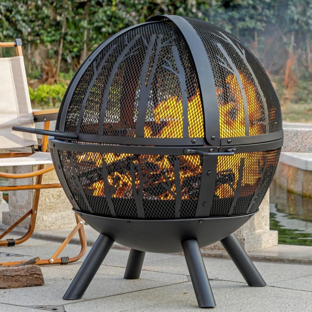 35 Inch Wood Burning Fire Pit with BBQ Grill, Heavy Duty Fire Pits Ball for Outside with Spark Screen  Removable Ash Pan, Outdoor firepit  Fireplace for Bonfire in Garden, Yard