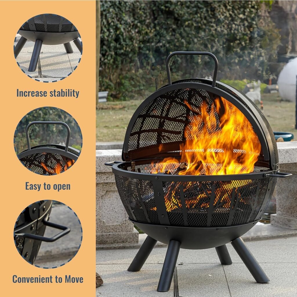 35 Inch Wood Burning Fire Pit with BBQ Grill, Heavy Duty Fire Pits Ball for Outside with Spark Screen  Removable Ash Pan, Outdoor firepit  Fireplace for Bonfire in Garden, Yard