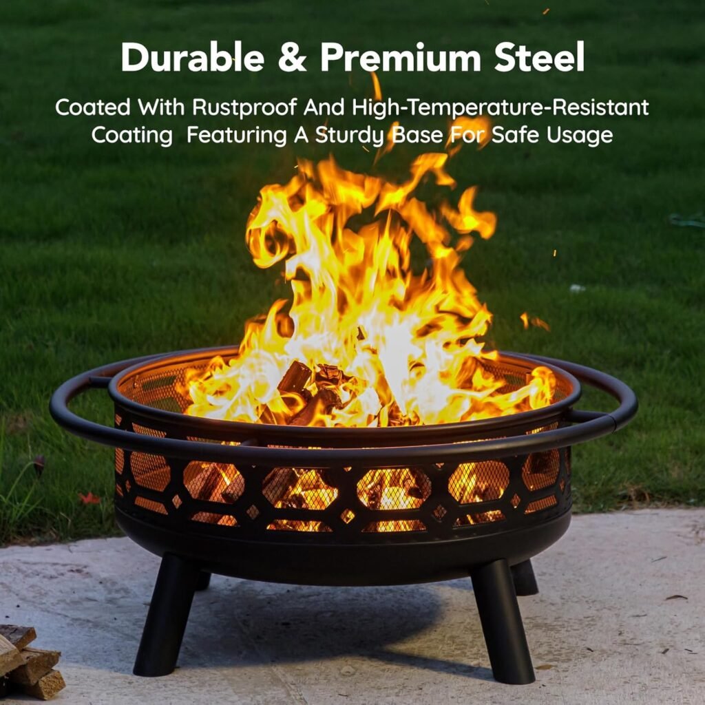 36 Inch Fire Pit, Outdoor Wood Burning Firepit with Removable Grill  Poker, Heavy Duty Metal Round Fireplace,2 in 1 Large Bonfire for Outside,BBQ,Yard,Patio
