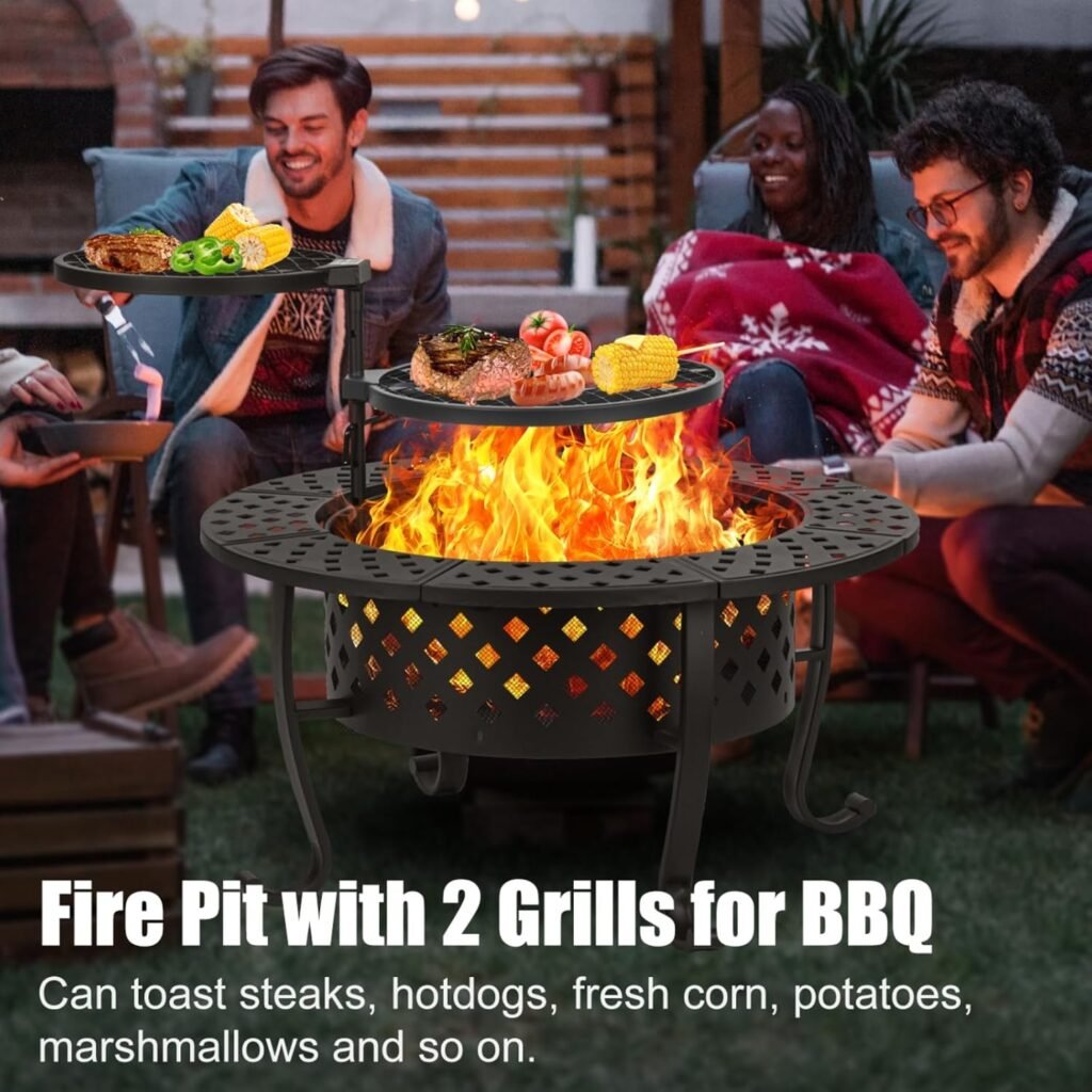 42 Inch Fire Pit with 2 BBQ Grills, Wood Burning Fire Pits for Outside with Lid  Fire Poker, BBQ Outdoor Firepit  Round Metal Table 3 in 1 for Patio, Picnic, Party