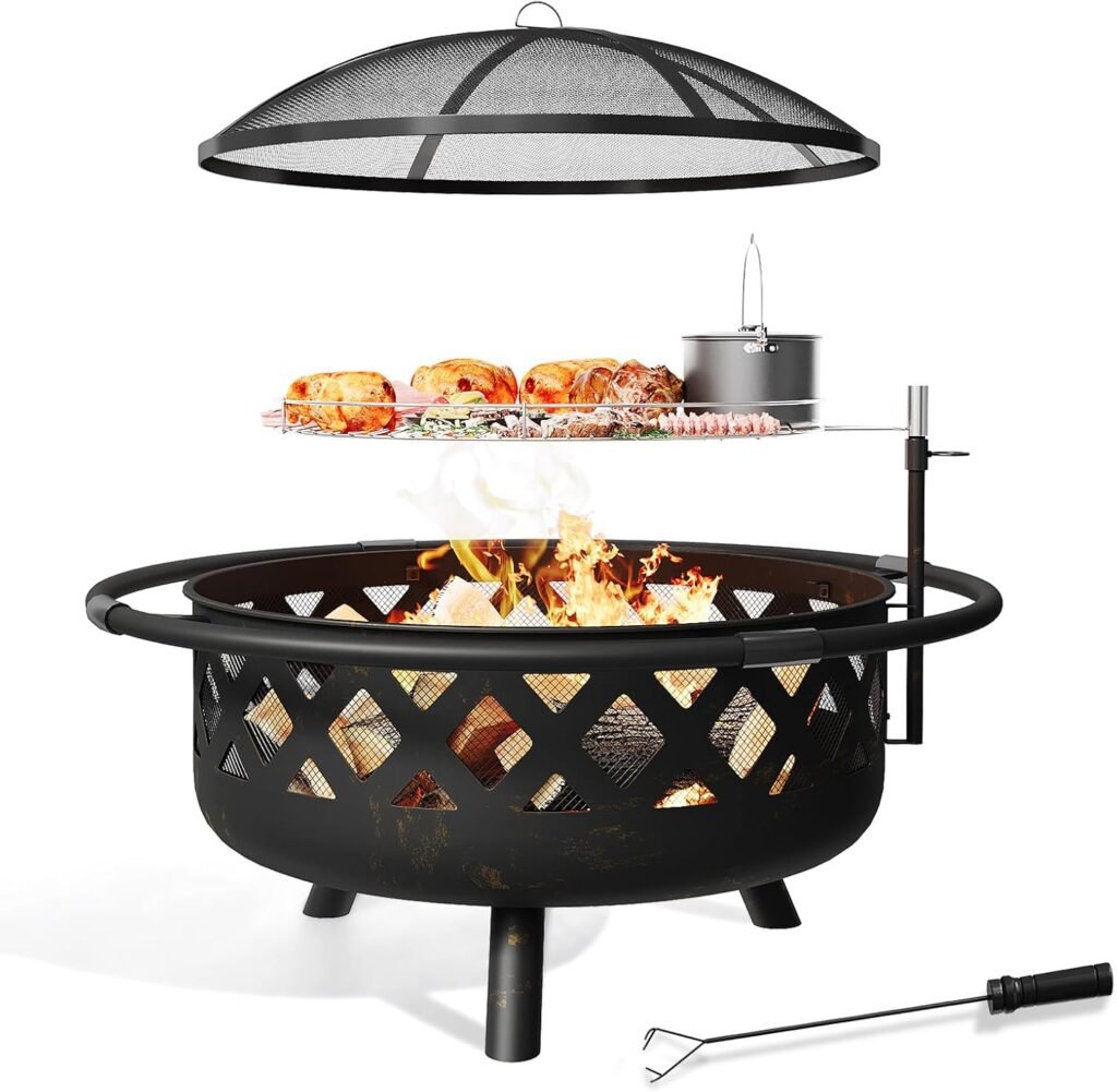 Aoxun Fire Pit, 42 Outdoor Wood Burning Fire Pit with Large Grill, BBQ Large Fire Table for Camping, Heating, Picnics