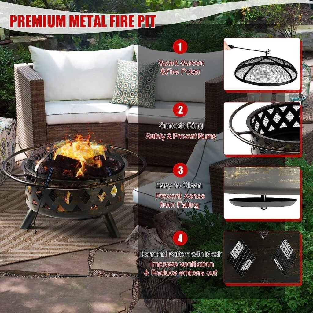 Aoxun Fire Pit, 42 Outdoor Wood Burning Fire Pit with Large Grill, BBQ Large Fire Table for Camping, Heating, Picnics