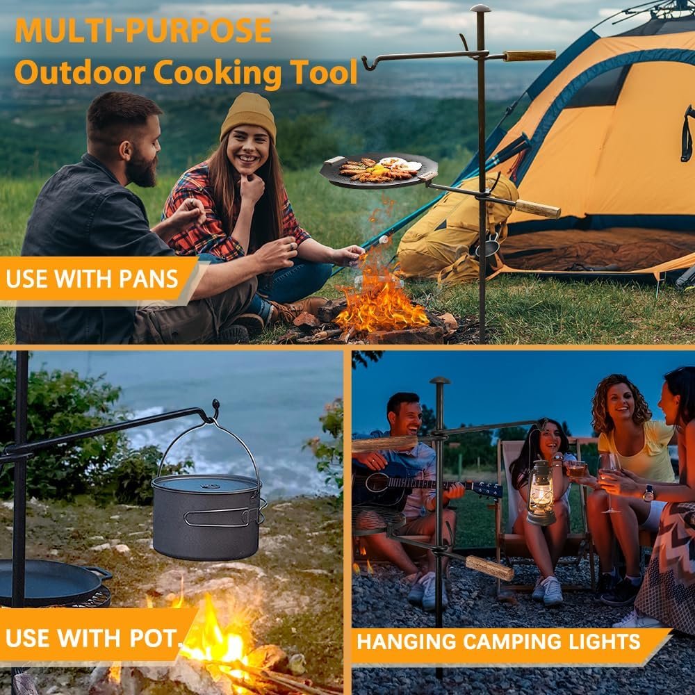 BreeRainz Swivel Campfire Grill,360° Adjustable Camp Grill Over Fire Pit Grill,Multipurpose Cooking Equipment for Camping Outdoor BBQ